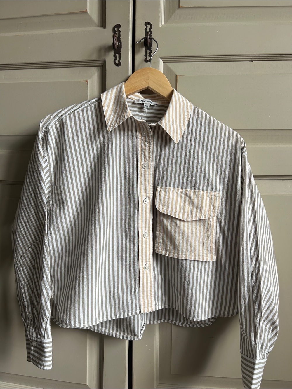 Madewell Striped Crop Button-Up Top — Beige & White Xxs